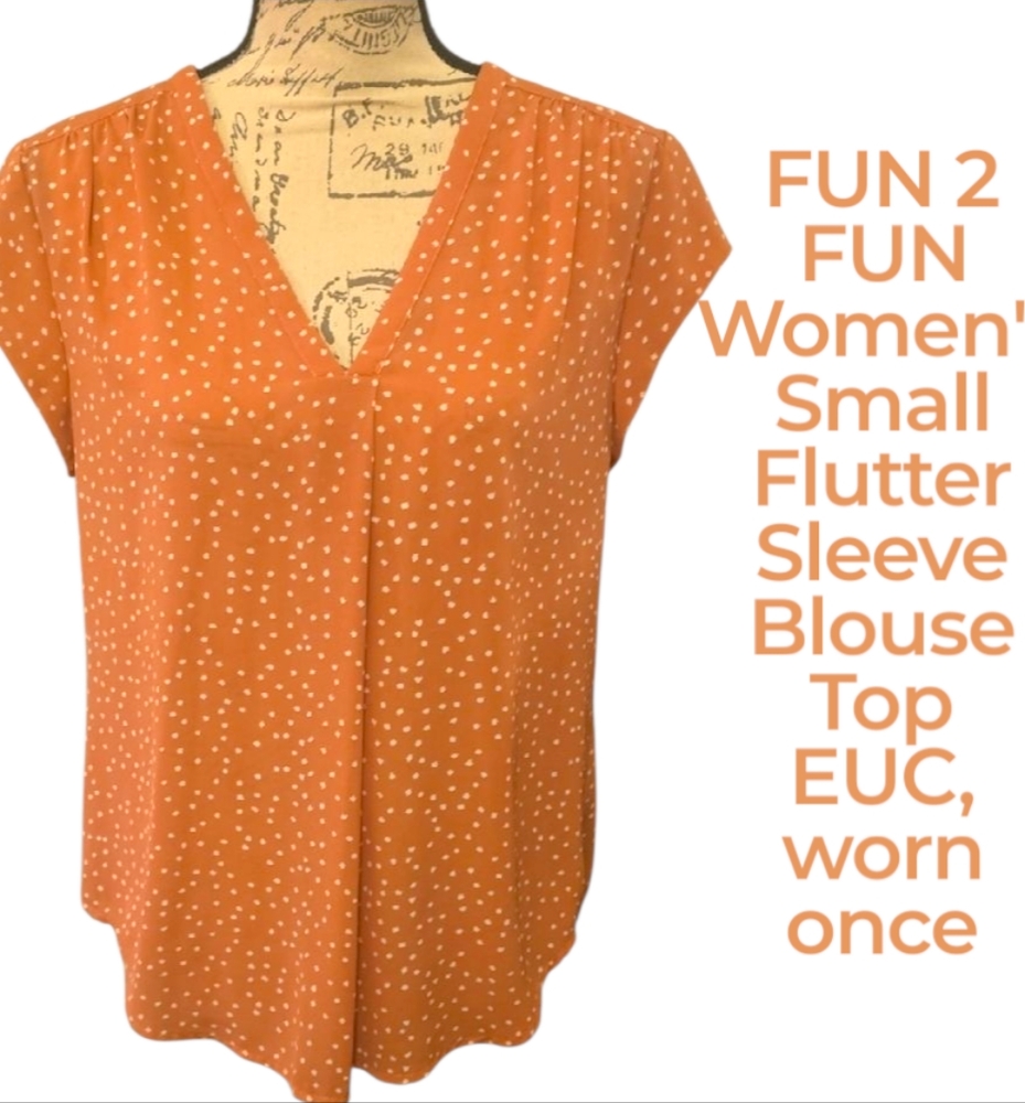 Fun 2 Fun Women's Small Polka Dot Flutter Sleeve Blouse Top Shirt- Orange EUC